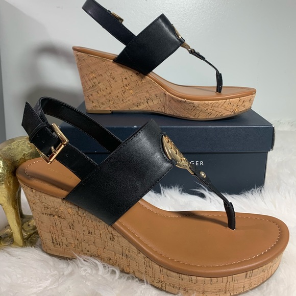 tommy hilfiger black wedge sandals